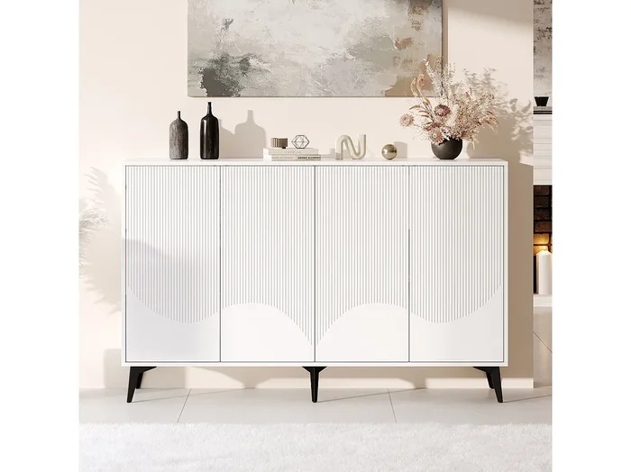 Aparador bajo con 4 puertas – 160 x 35 x 100 cm – Tablero de partículas y patas de metal – Blanco