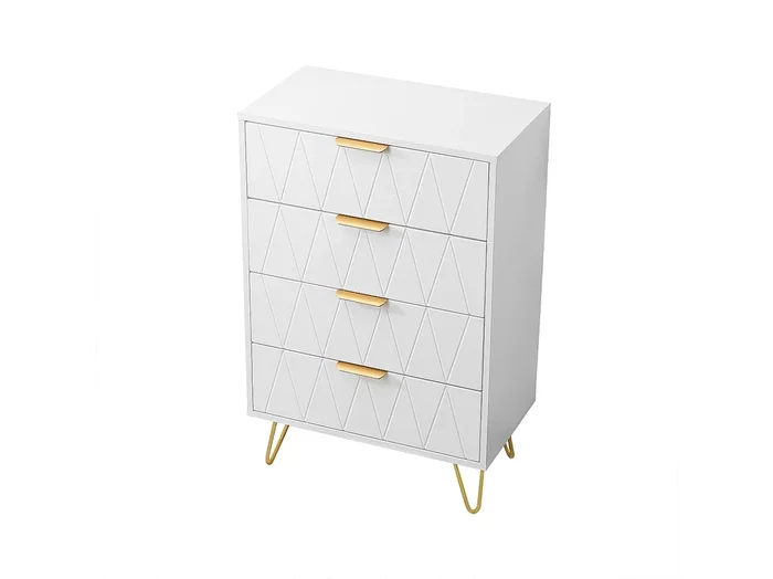 Aparador bajo con 6 cajones – Cómoda – Madera MDF y metal dorado – 60 x 34 x 90 cm – Blanco