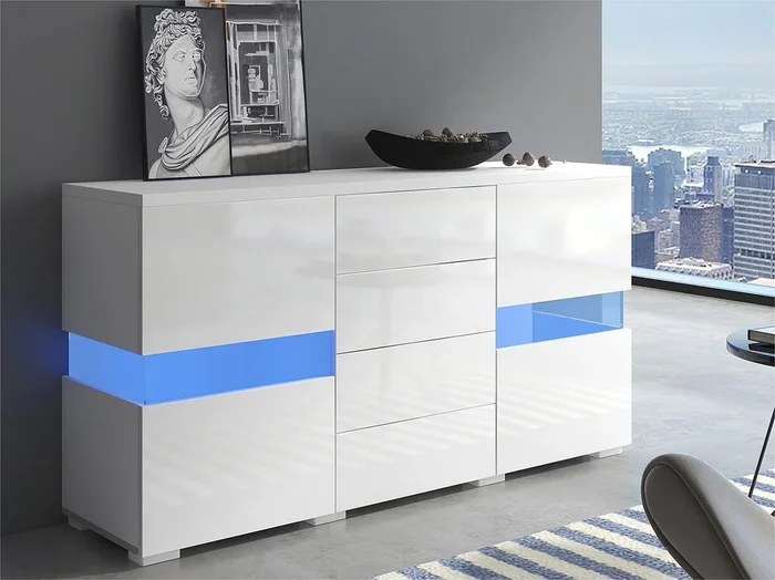 Aparador bajo con LED – 2 puertas y 4 cajones – blanco