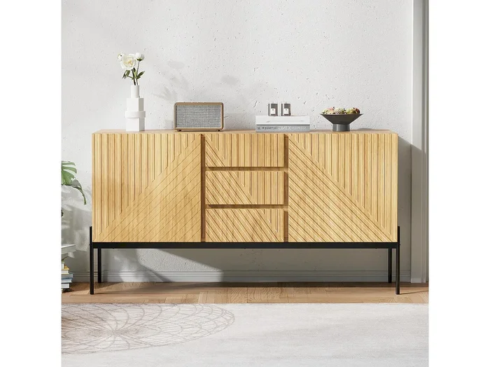 Aparador bajo madera metal 140x40x75cm almacenaje salón cocina estilo moderno patas altas