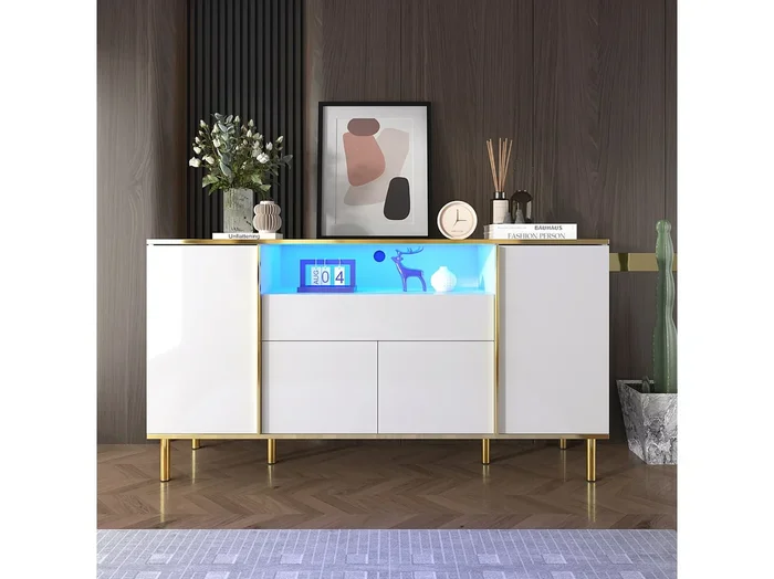 Aparador blanco, Aparador de alto brillo con 4 puertas y 1 cajón, iluminación LED, para salón y comedor