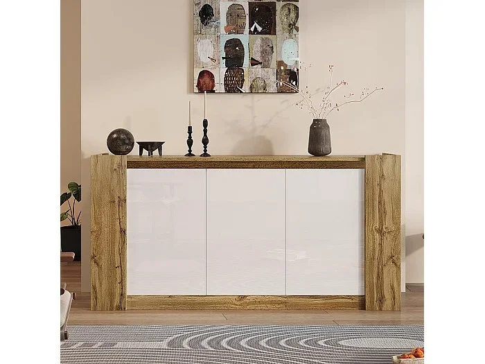 Aparador, blanco brillo y mueble de madera con puertas biseladas que también se pueden utilizar como extraíbles