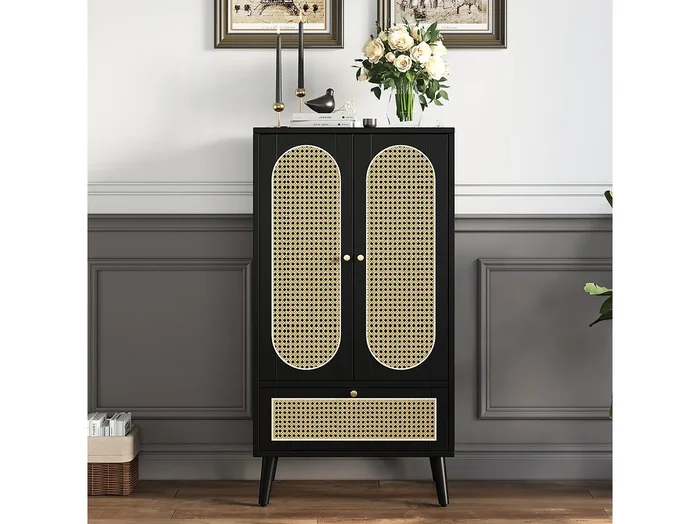 Aparador con 2 puertas, 1 cajón – 60 x 40 x 110,5 cm – Tablero de partículas – Aspecto ratán – Blanco + roble