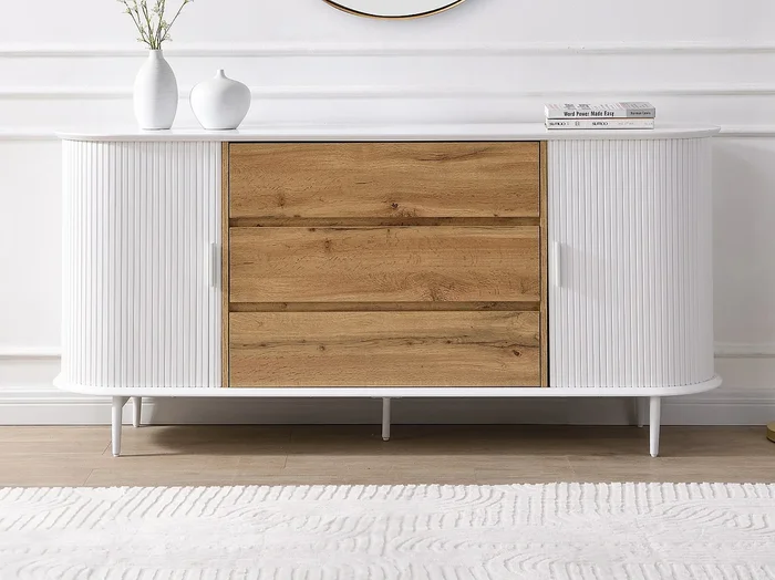 Aparador con 2 puertas correderas y 3 cajones de MDF – Blanco y natural – VELURANI