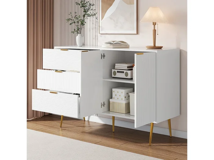 Aparador con 2 puertas y 3 cajones – 120 x 38 x 80,5 cm – Tiradores y patas dorados – MDF – Blanco y dorado