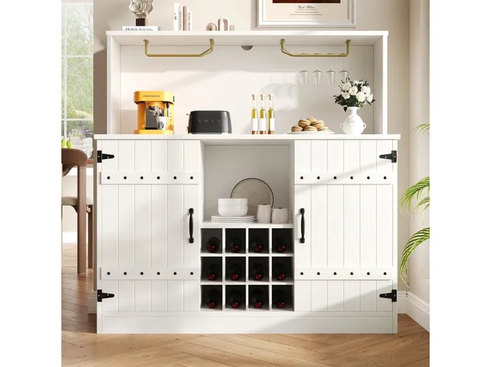 Aparador con 3 puertas y 12 botelleros – 120 x 40 x 120 cm – MDF – para salón, comedor – Blanco