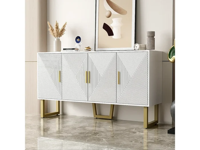 Aparador con 4 puertas – 150 x 40 x 82 cm – MDF, tableros de partículas y metal – Blanco y dorado
