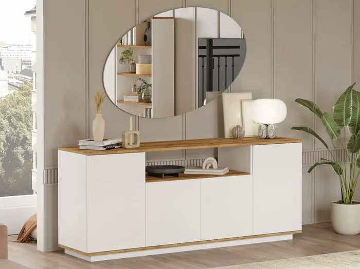 Aparador con 4 puertas y 1 estante – Natural claro y Blanco – LOTULA