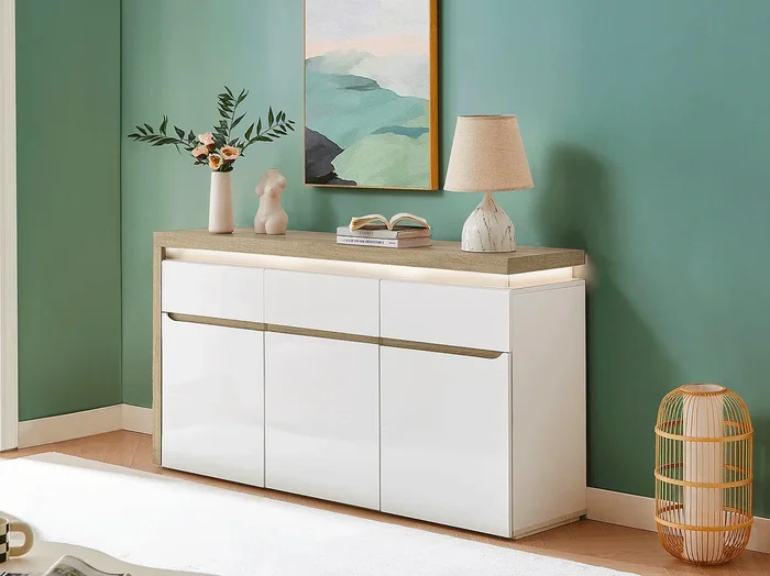 Aparador de 3 puertas y 3 cajones con luces LED de MDF – Blanco lacado y Natural – VADEMOSA