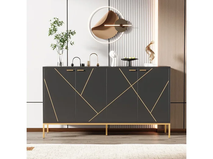 Aparador de almacenamiento de madera de metal negro dorado de estilo moderno de 150x40x80cm con patas altas
