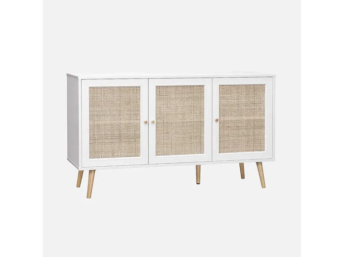 Aparador de caña con 3 puertas, 120cm blanco roto