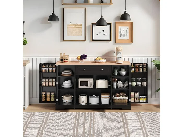 Aparador de cocina 138x40x85cm con 4 puertas y 1 cajón, tapa imitación madera natural, cuerpo negro
