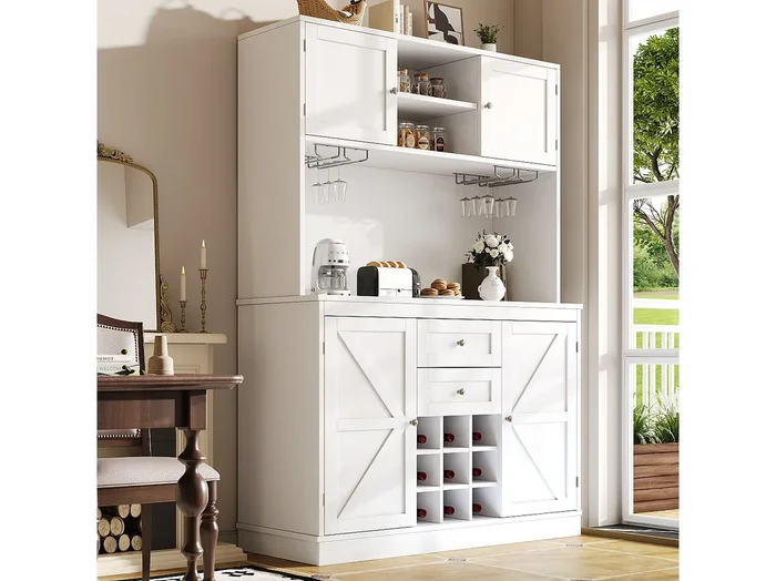 Aparador de cocina – 120 x 40 x 188 cm – con estantes regulables + botellero + 4 puertas + 2 cajones – MDF – blanco
