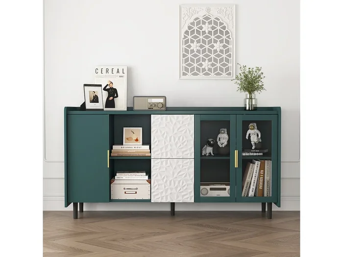 Aparador de cocina con 2 cajones, 2 estantes abiertos y 2 puertas de cristal, aparador de MDF verde (150x40x80 cm)