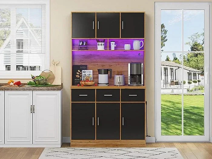 Aparador de cocina con LED – 6 puertas, 3 cajones y 3 compartimentos abiertos – Negro