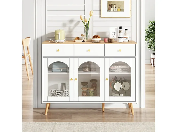 Aparador de madera blanca de 120cm en paneles con puertas arqueadas y cajones para salón comedor