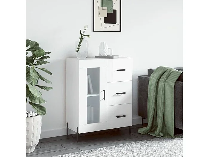 Aparador de madera contrachapada blanco brillante 69,5x34x90 cm