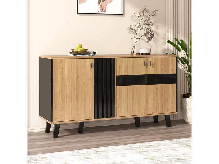 Aparador de madera y negro 140×78,5×41 cm, puertas LED y cristal, almacenaje versátil, ideal para salón, comedor y dormitorio