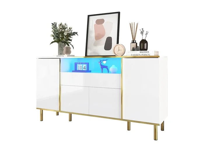 Aparador de MDF lacado en blanco con 1 cajón, iluminación LED, almacenaje, dormitorio, salón, 150 x 40 x 80 cm