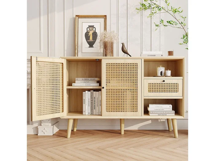 Aparador de ratán – Aparador de roble con 1 cajón y 2 puertas – estantes regulables – patas de madera