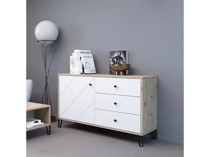 Aparador Moderno 1 Puerta y 3 Cajones con Relieves Geométricos Materiales de Laminado Sintético y DM Patas Metálicas Roble Artisan y Blanco