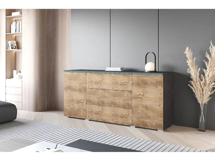 Aparador moderno 150 cm para salón mate 3 cajones y 2 puertas matera y castaño Breslau