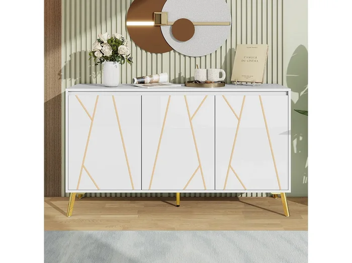 Aparador moderno con 3 puertas – 140 x 40 x 80 cm – MDF y metal – para salón o cocina – Blanco y dorado