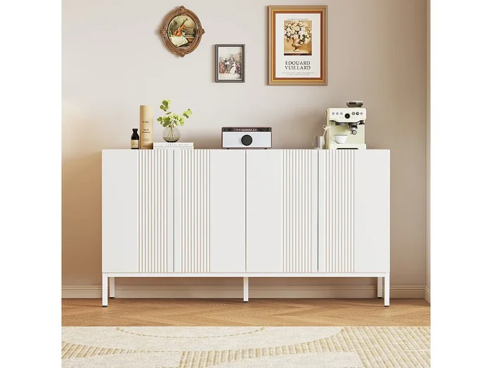 Aparador moderno con 4 puertas – 140 x 41,5 x 80 cm – MDF y tableros de partículas – para salón o cocina – Blanco
