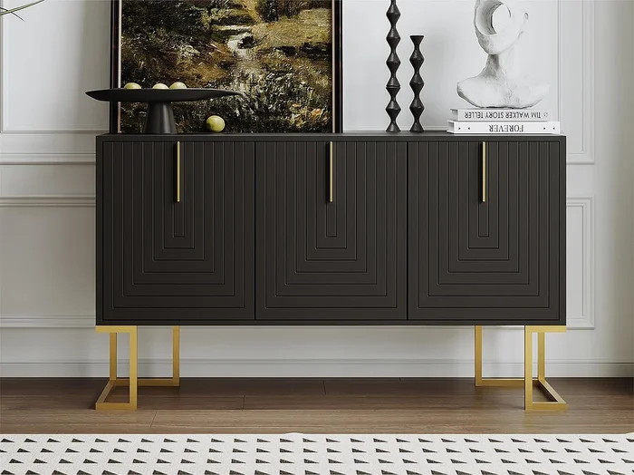 Aparador moderno con estantes regulables – 3 puertas en forma de U – tiradores y base de metal – Negro