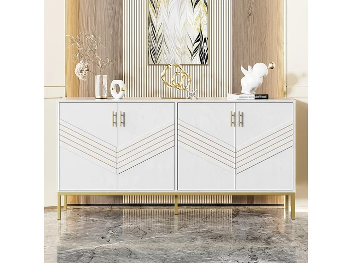 Aparador moderno de 4 puertas para salón – 160 x 40 x 80,5 cm – con patas de metal + estantes regulables – MDF – blanco