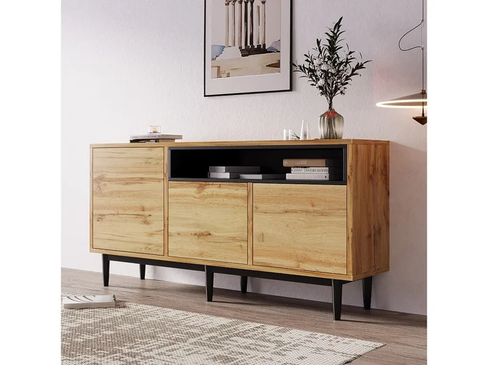 Aparador moderno de madera con 3 puertas y estantes – 160 x 35 x 76 cm – Diseño que ahorra espacio, robusto y fácil de montar