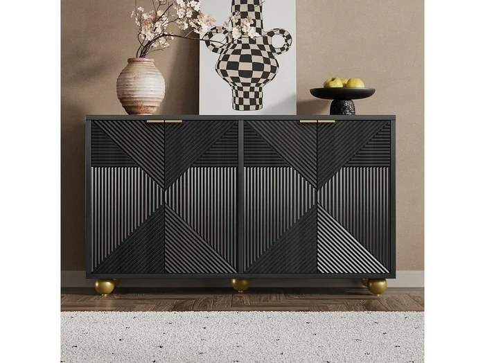 Aparador moderno de MDF negro de 120 cm con 4 puertas talladas, almacenaje para salón comedor