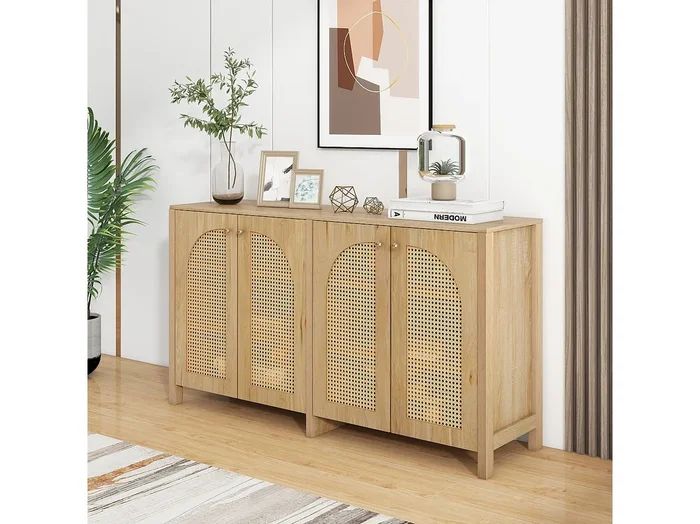 Aparador moderno de ratán MDF de 4 puertas con almacenamiento para sala de estar y comedor en color natural