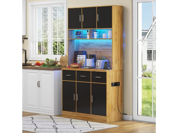 Aparador multifuncional – Iluminación LED con mando a distancia, cajones, estantes regulables, gestión de cables y enchufes – Cocina y comedor