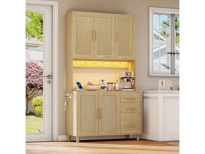 Aparador Natural – Aparador con 3 Cajones y 5 Puertas – estantes ajustables y carga USB – para comedor
