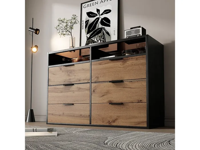 Aparador negro 120 cm – Aparador con 6 cajones y 2 compartimentos – tiradores de metal y cristal ámbar – para comedor y salón