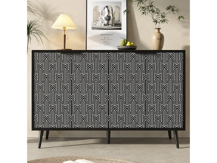 Aparador negro 120x35x78 cm, diseño de puerta único, patrón de chevron tallado, antivuelco, independiente, ideal para comedor y sala de estar