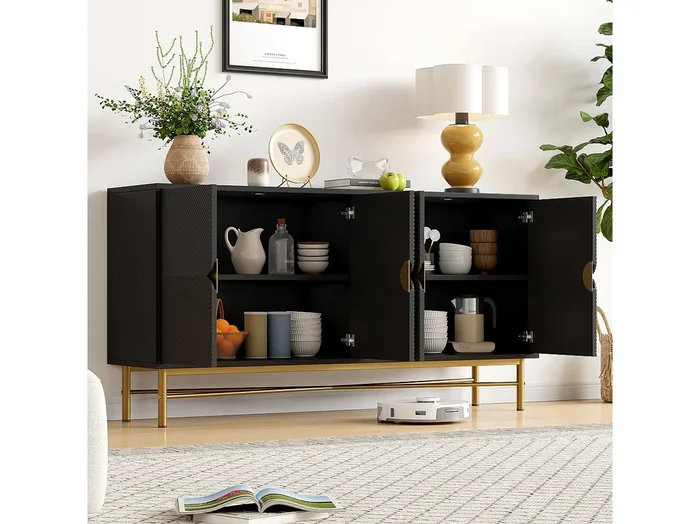 Aparador negro con 4 puertas, patas y tiradores dorados 160x40x82cm