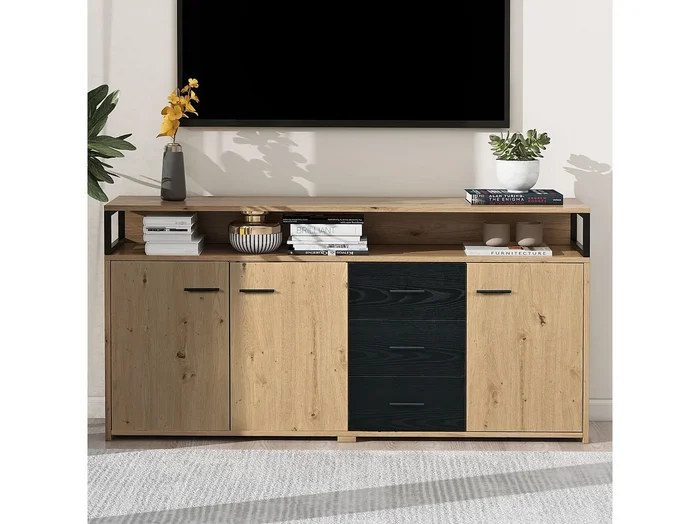 Aparador negro-marrón con 3 puertas y 3 cajones 150 x 35 x 75,9 cm, tablero de partículas