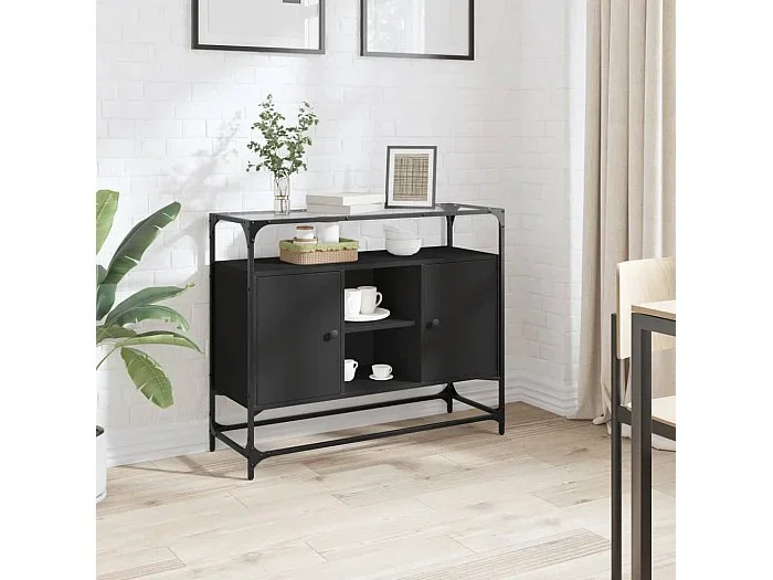 Aparador tapa de cristal y madera ingeniería negro 98x35x81 cm