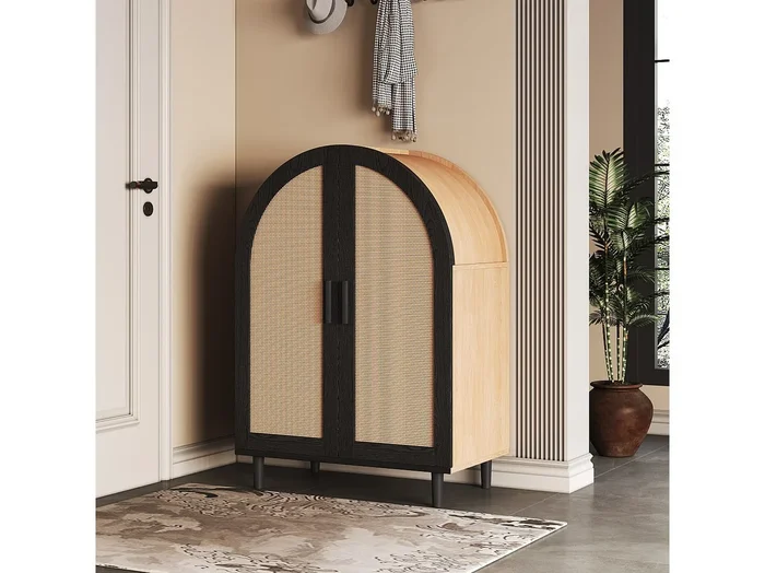 Aparador/zapatero – 70 x 40 x 100 cm – con 2 puertas de ratán caladas + 3 estantes – MDF – natural