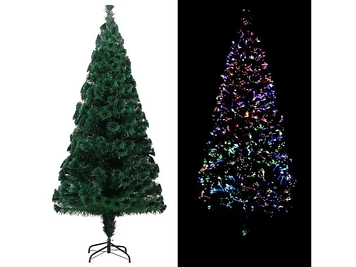 Árbol de Navidad artificial y soporte fibra óptica verde 210 cm