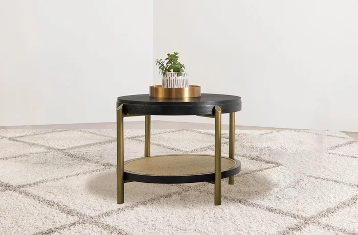 Arini Black Round End Side Table With Storage Shelf