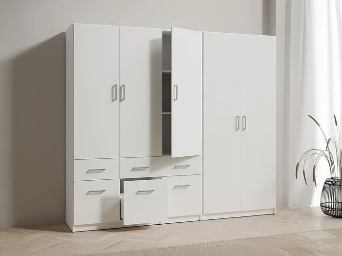 Armario 5 puertas y 6 cajones – L228 cm – Blanco – BELOMY
