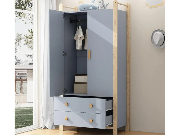 Armario infantil 89.6x44x180.5 cm – 2 cajones y 2 puertas – 1 barra para colgar ropa – estructura de pino – azul + natural