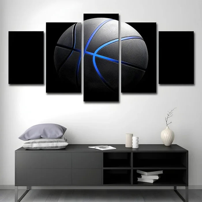 Arte de pared de baloncesto negro deportes modernos impresión de lienzo de varias piezas para sala de estar – Negro Grande