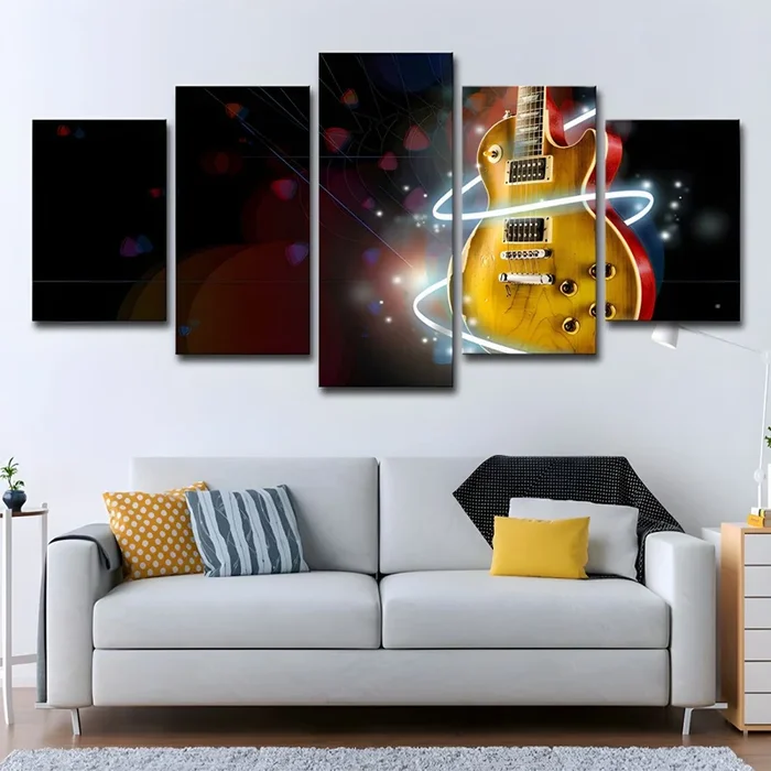 Arte de pared de guitarra de impresión digital amarillo y negro en lienzo modernista para habitación de niños – Negro Pequeño
