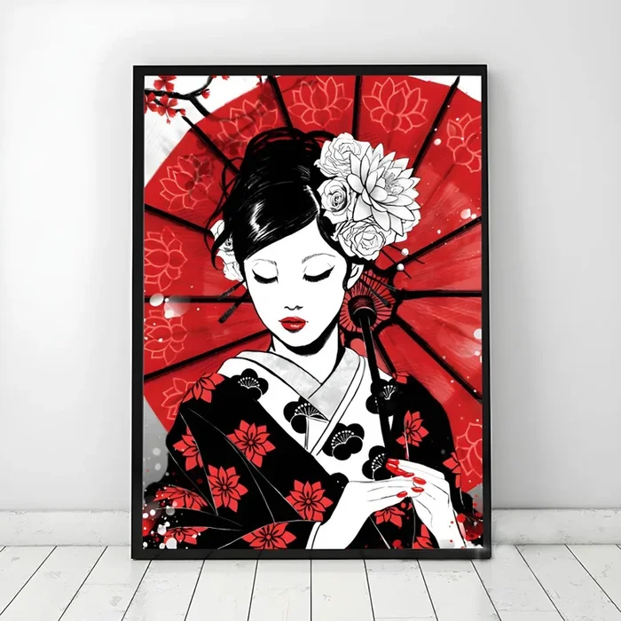 Arte de pared para el hogar con una Geisha japonesa con paraguas en lienzo rojo para la sala de estar, varias opciones de tamaño
