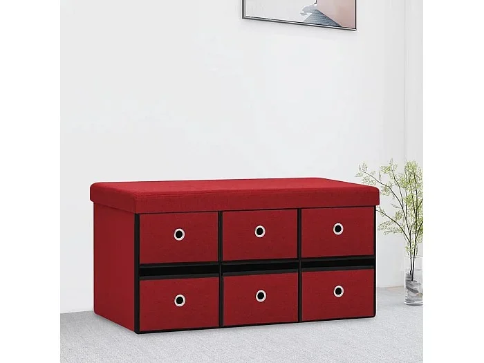 Banco almacenaje plegable lino sintético rojo tinto 76x38x38 cm