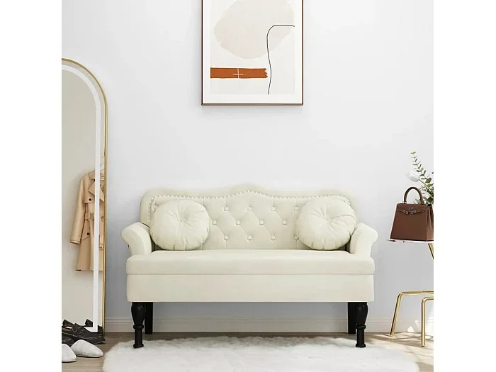 Banco con cojines terciopelo crema 120,5x65x75 cm